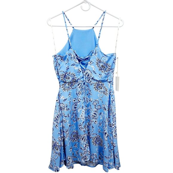 Blue Floral Spaghetti Strap Halter mini Dress Women By Iris Basic Size Medium - Picture 2 of 8